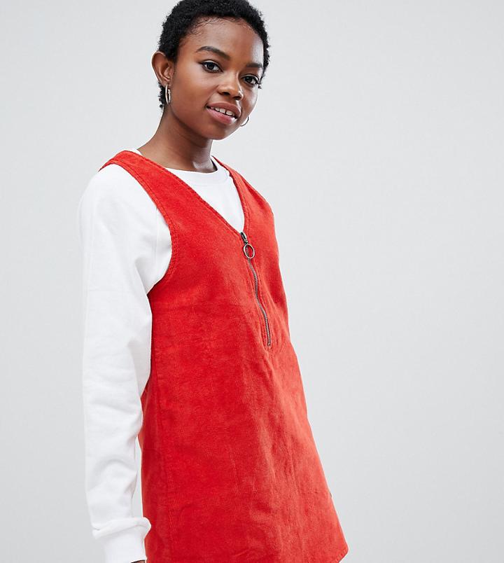 Noisy May Petite Mini Corduroy Pinafore In Red-orange