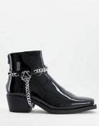 Asos Design Cuban Heel Western Chelsea Boots In Black Patent Faux Leather With Metal Hardware