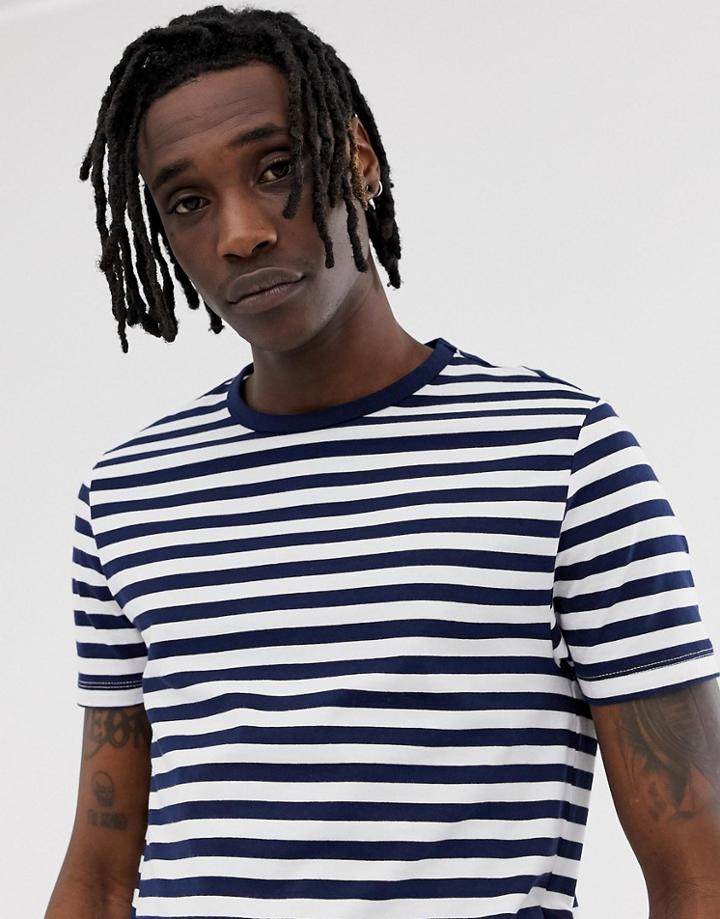 Asos Design Organic Cotton Stripe T-shirt In Navy And White - Multi