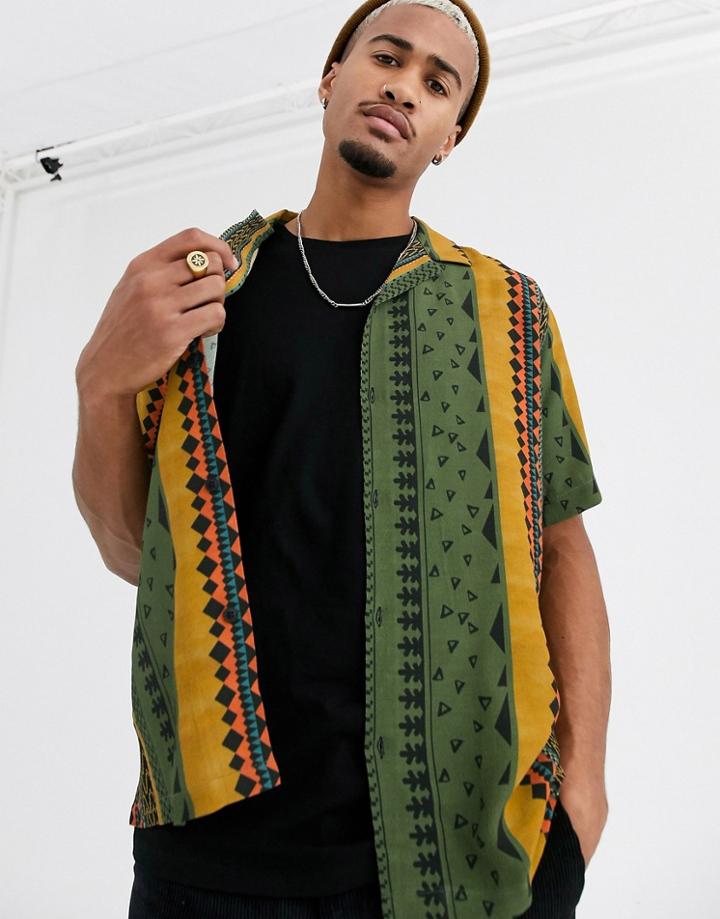 Asos Design Relaxed Shirt With Geo-tribal Stripe-navy
