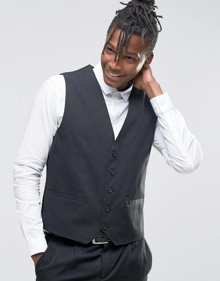 Selected Wedding Cotton Linen Waistcoat - Black