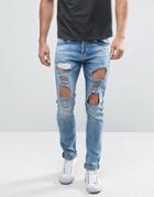 Redefined Rebel Skinny Fit Jeans In Mid Wash Blue With Distressing - B