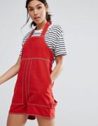Asos Pinafore Romper With Contrast Stitch - Red