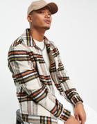 Asos Design Oversized Faux Wool Harrington Jacket In Cream And Red Plaid-white