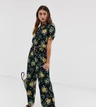 Monki Floral Print Tie Waist Jumpsuit In Black - Black