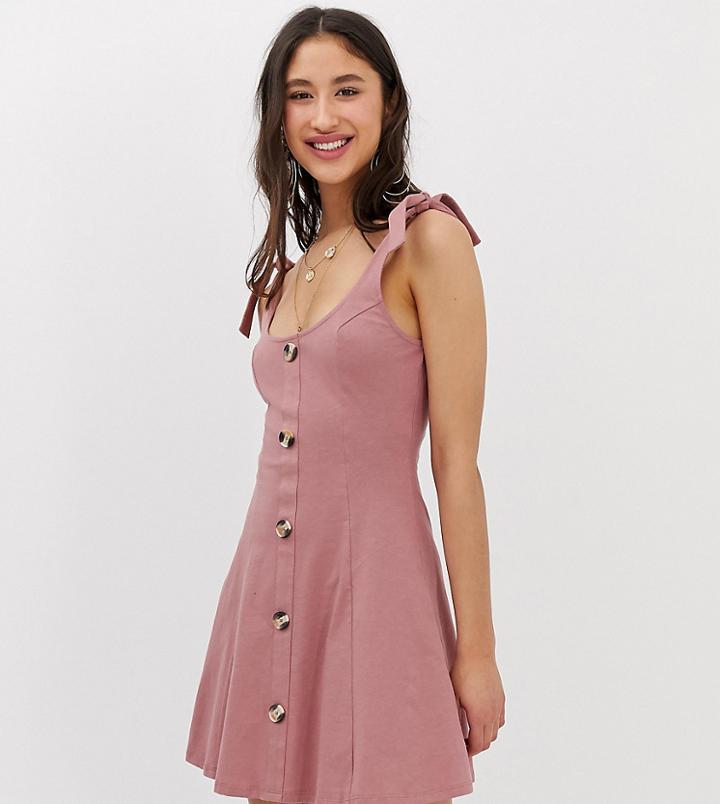 Asos Design Tall Mini Button Through Slub Sundress With Tie Shoulders - Pink