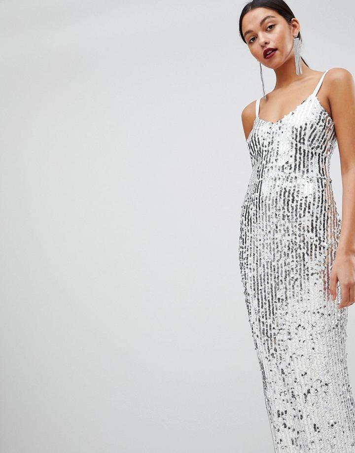 Club L Mermaid Silver Sequins Strappy Fishtail Detailed Maxi Dress - Silver