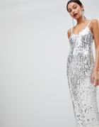 Club L Mermaid Silver Sequins Strappy Fishtail Detailed Maxi Dress - Silver