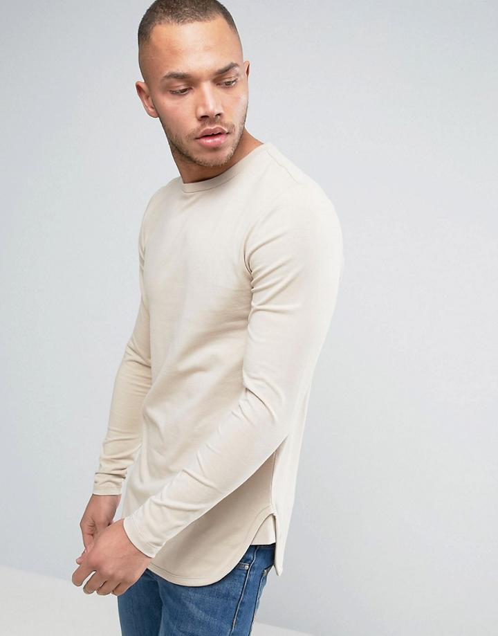 Asos Longline Muscle Long Sleeve T-shirt With Curve Hem - Beige