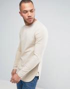 Asos Longline Muscle Long Sleeve T-shirt With Curve Hem - Beige