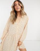 Monki Torborg Mini Smock Dress With Button Through Detail In Pink Floral Print
