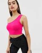 Asos Design One Shoulder Sleeveless Crop Top In Neon Pink - Pink