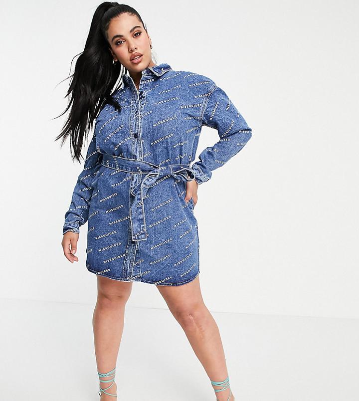 Missguided Plus Denim Shirt Dress In Blue-blues