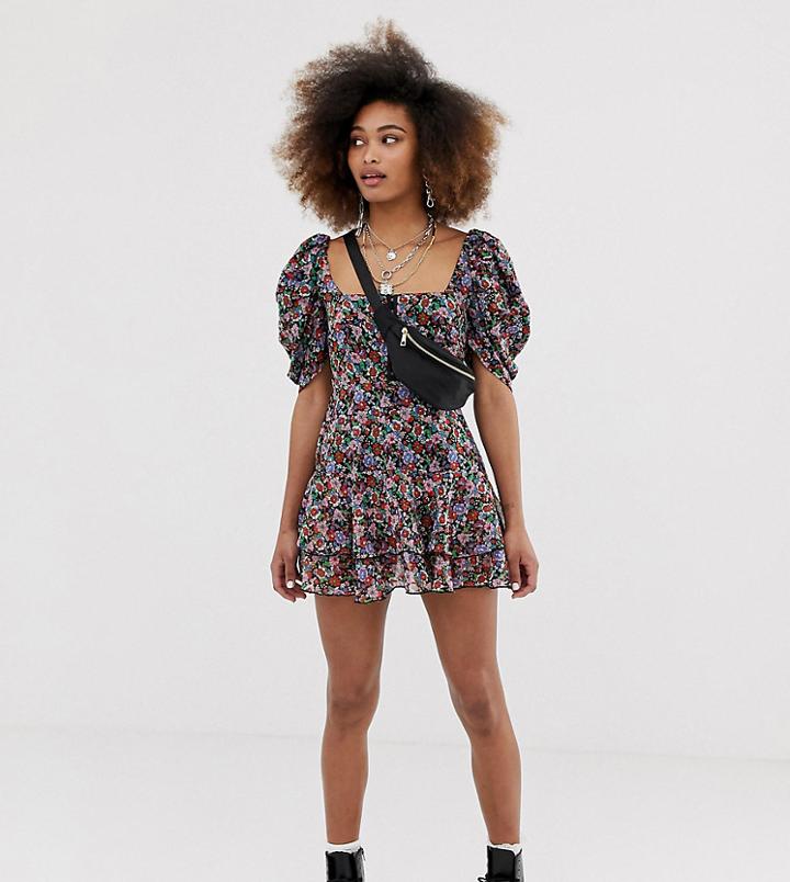 Collusion Floral Ruched Sleeve Mini Dress With Hook & Eye Detail