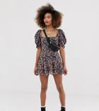 Collusion Floral Ruched Sleeve Mini Dress With Hook & Eye Detail