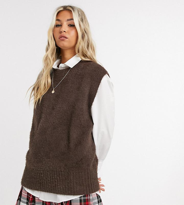 Collusion Fluffy Knitted Tank In Brown