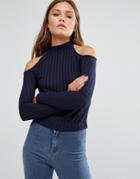 New Look Knitted Rib Cold Shoulder Sweater - Navy