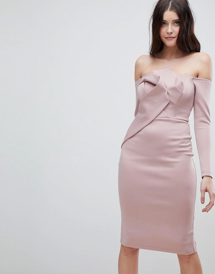Asos Long Sleeve Bandeau Origami Front Midi Dress - Pink