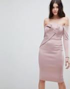 Asos Long Sleeve Bandeau Origami Front Midi Dress - Pink