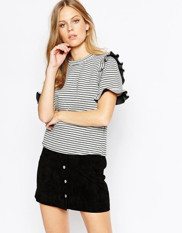 Lost Ink Stripe Structured T-shirt With Frill Detail - Multi