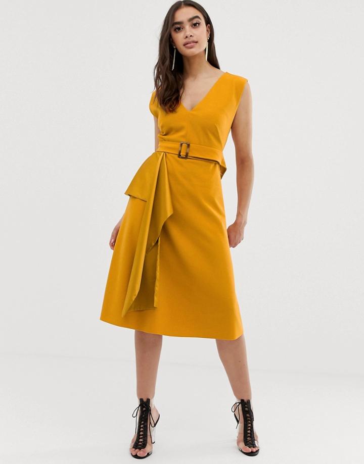 Asos Design Midi Satin Mix Skater Dress With Belt-yellow