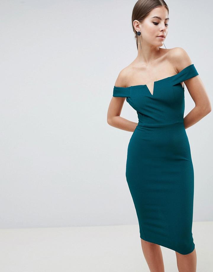 Ax Paris Bardot Pencil Dress With Cut Out V Detail - Green