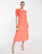Y.a.s Bridesmaid Puff Sleeve Wrap Front Midi Dress In Bright Orange