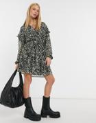Mango Ruffle Abstract Print Dress In Green