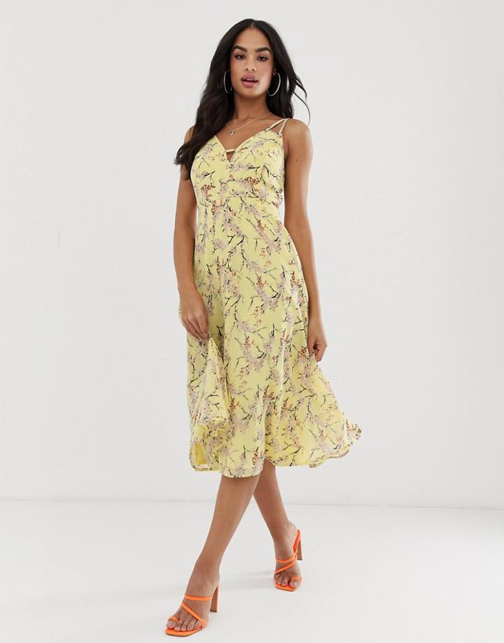Asos Design Midi Dress With Cami Straps And Cut Out Detail In Floral Print-multi