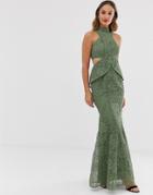 Asos Design High Neck Lace Maxi Dress With Cut Outs And Fishtail Hem - Multi