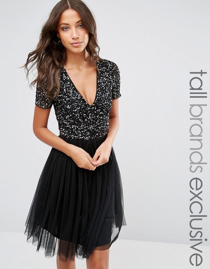 Maya Tall V Neck Midi Tulle Dress With Tonal Delicate Sequins - Black