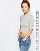 Asos Petite Half Sleeve Crop Top With Turtleneck - Gray