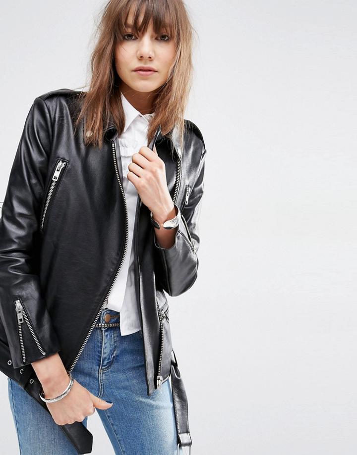 Asos Premium Longline Leather Biker Jacket - Black
