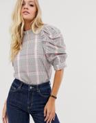 & Other Stories Plaid Puff Short-sleeve Blouse In Pink-multi