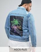 Asos Plus Denim Jacket With Back Print In Mid Wash - Blue