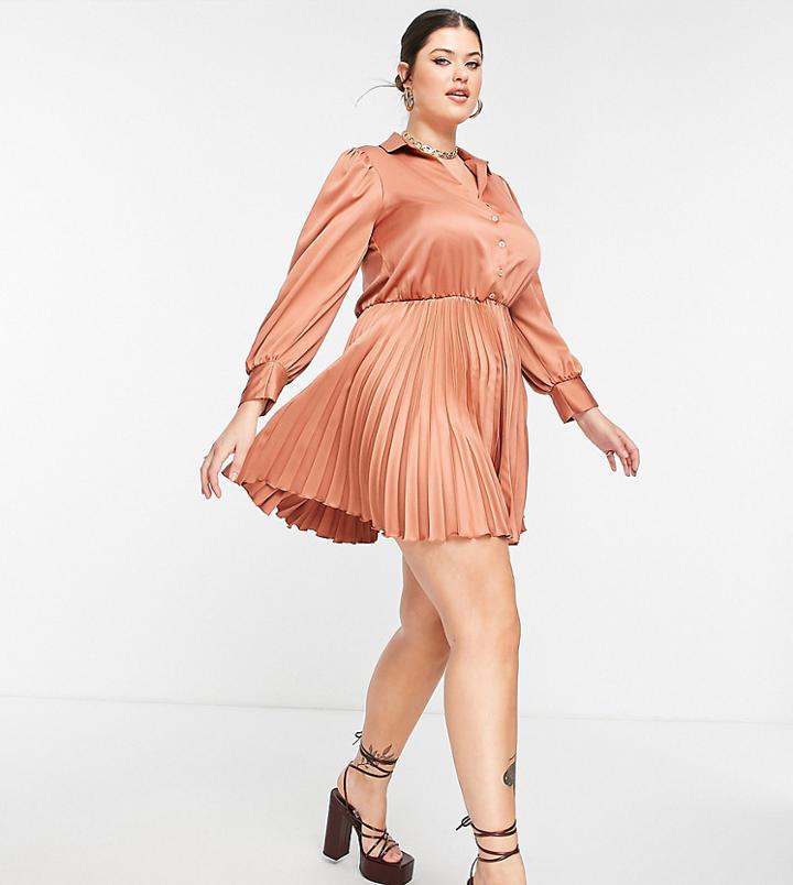 Closet London Plus Pleated Shirt Dress In Rust-brown