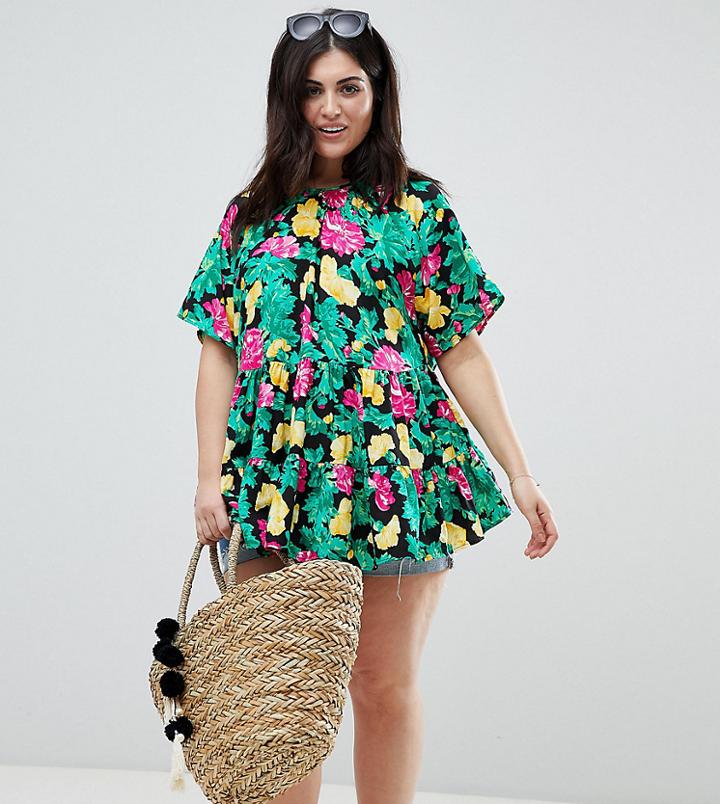 Asos Design Curve Smock Top In Bright Floral Print - Multi