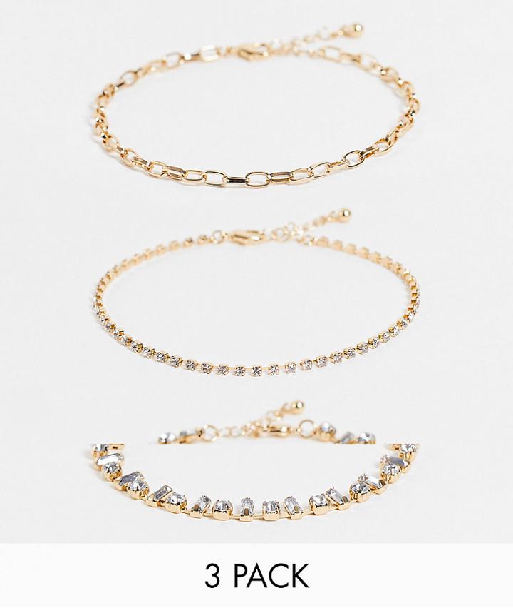 Asos Design Pack Of 3 Anklets In Crystal And Chain Design In Gold Tone