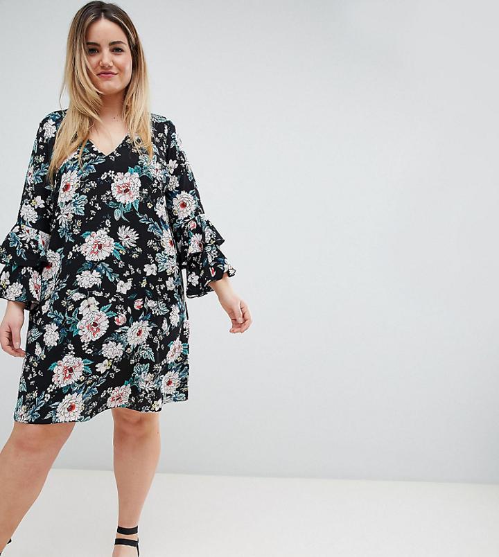 Lovedrobe Floral Print Ruffle Sleeve Swing Dress - Multi