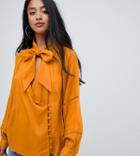 Asos Design Petite Wrap Top With Button Detail And Tie Neck - Yellow