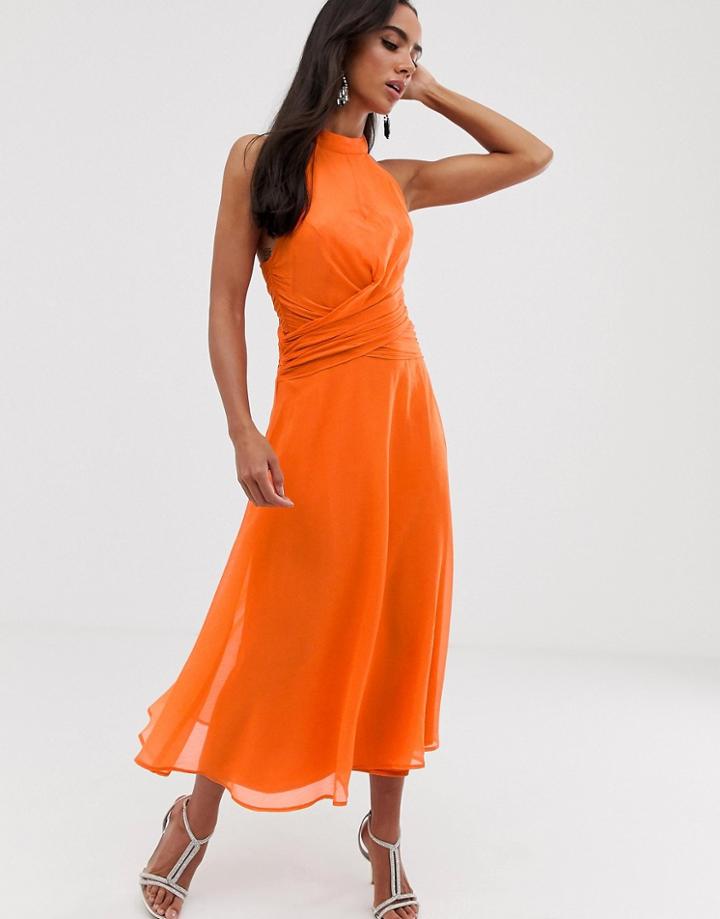 Asos Design Midi Dress With High Neck And Drape Waist Detail-multi