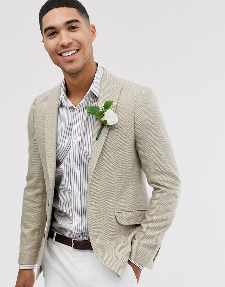 Asos Design Wedding Skinny Blazer With Wool Mix Wide Herringbone In Stone-white