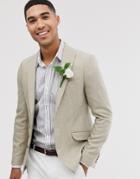 Asos Design Wedding Skinny Blazer With Wool Mix Wide Herringbone In Stone-white