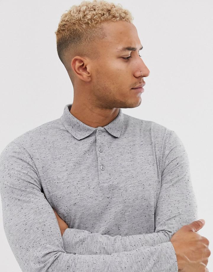 Asos Design Long Sleeve Polo Shirt In Interest Fabric In Gray