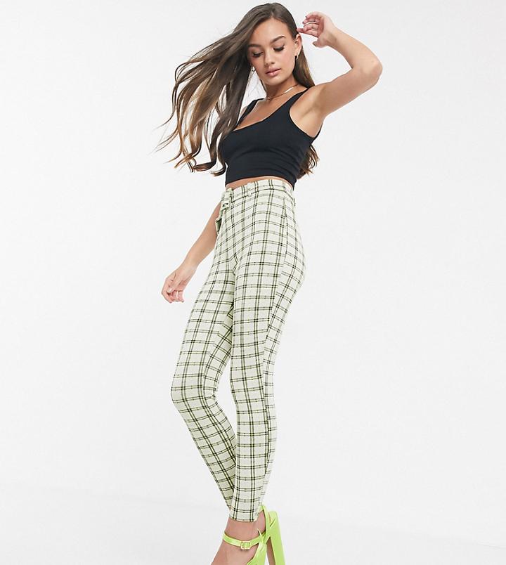 Asos Design Petite Check Jacquard Skinny Pants With Buckle-multi