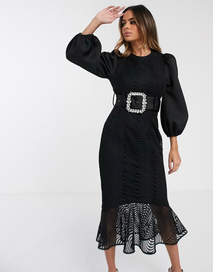 Asos Design Wiggle Lace Rhinestone Belt Pep Hem Midi Dress-black