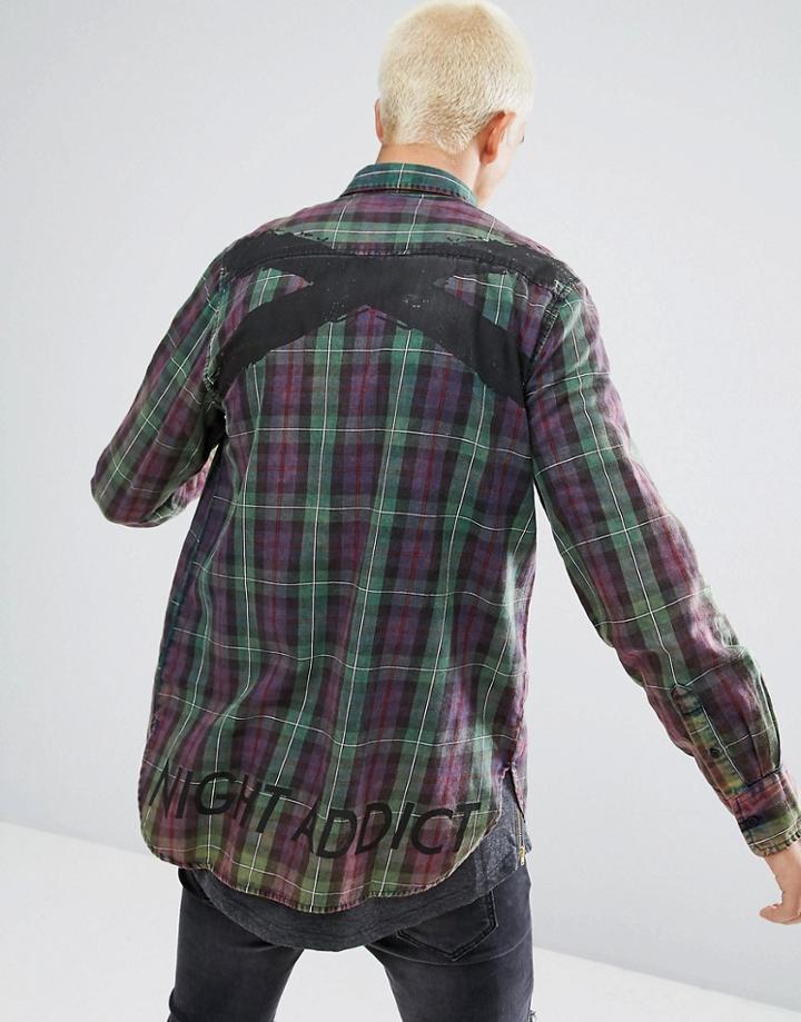 Night Addict Longline Checked Shirt With Back Print - Green
