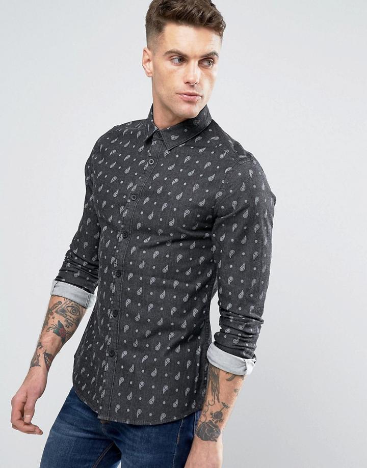 Asos Skinny Denim Paisley Shirt In Black Rinse - Black