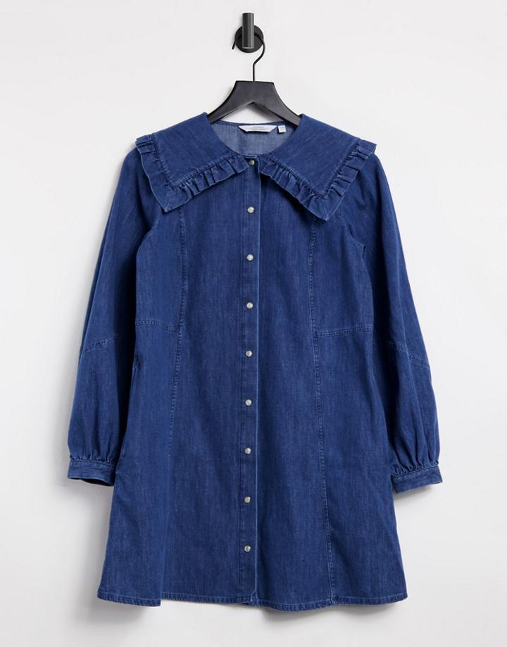& Other Stories Organic Cotton Collar Detail Denim Mini Dress In Blue-blues