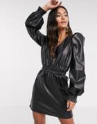Asos Design Leather Look Shirred Waist Mini Dress With Puff Sleeves In Black